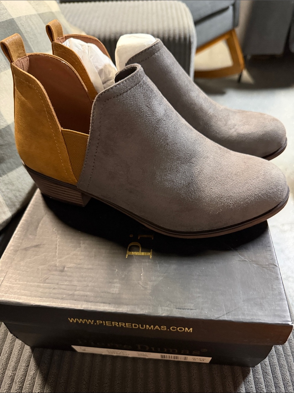 Pierre Dumas Two-Tone Suede Ankle Booties in Gray & Tan